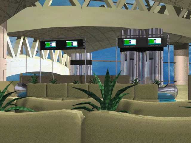 View of existing (modelled) lounge with new info pods.